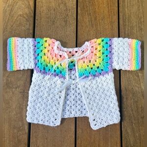 Vintage Crochet Rainbow Baby Cardigan Sweater Boy or Girl Handmade Newborn Baby